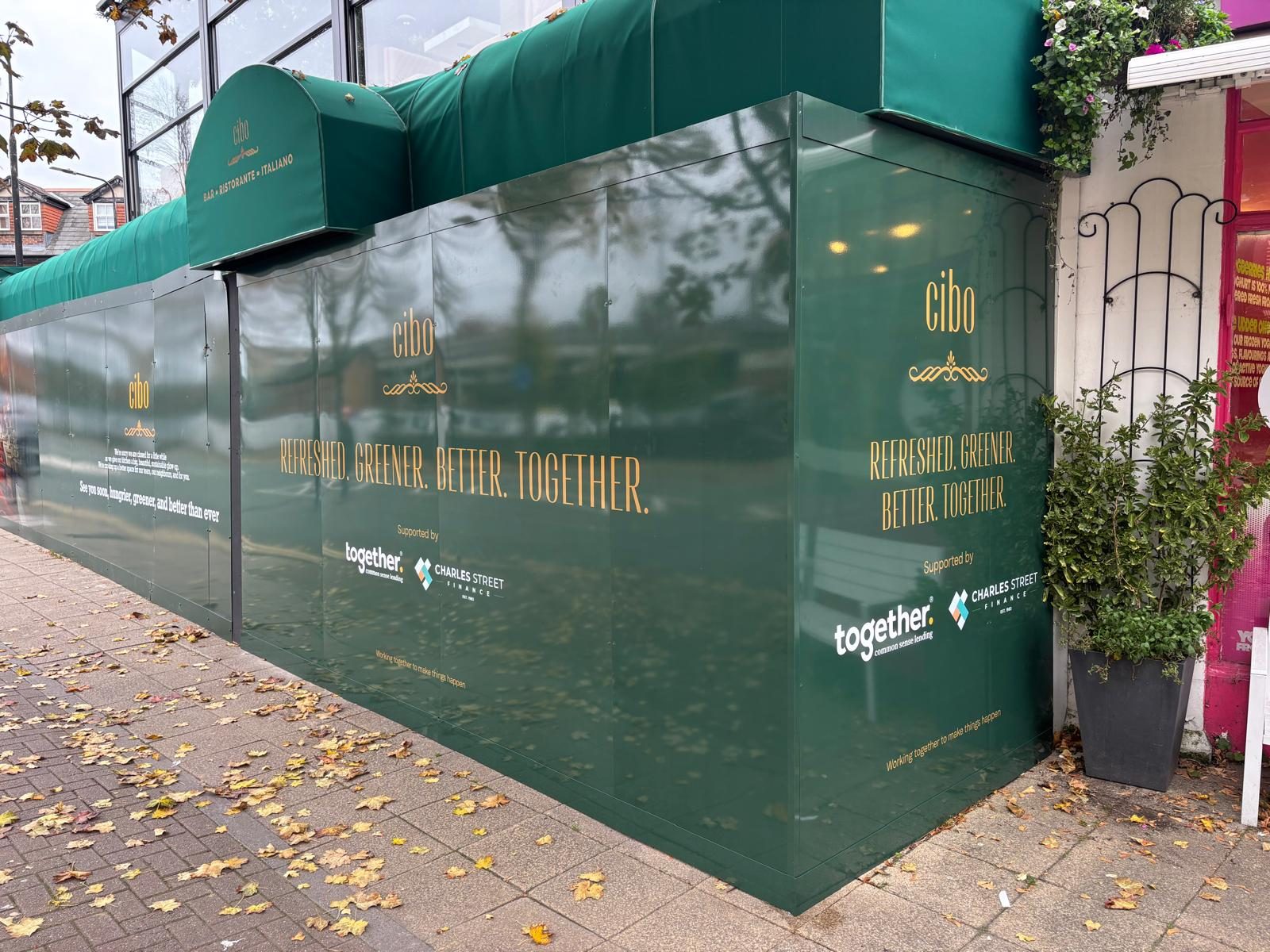 Branded hoarding around a restaurant refurbishment