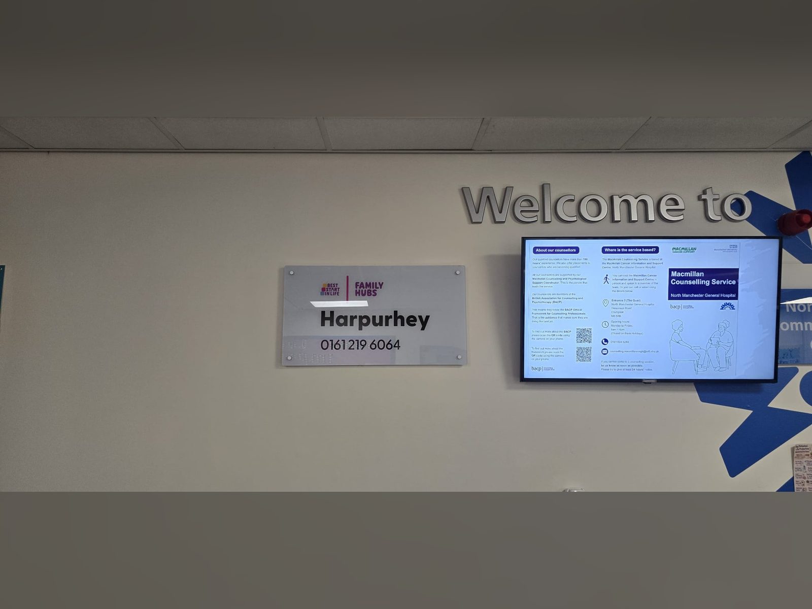 Welcome wall, reception sign and digital information screen