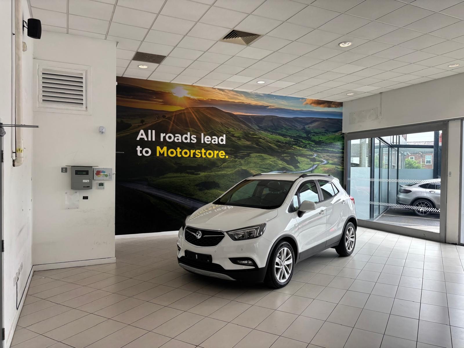 Printed showroom wall mural behind a display car