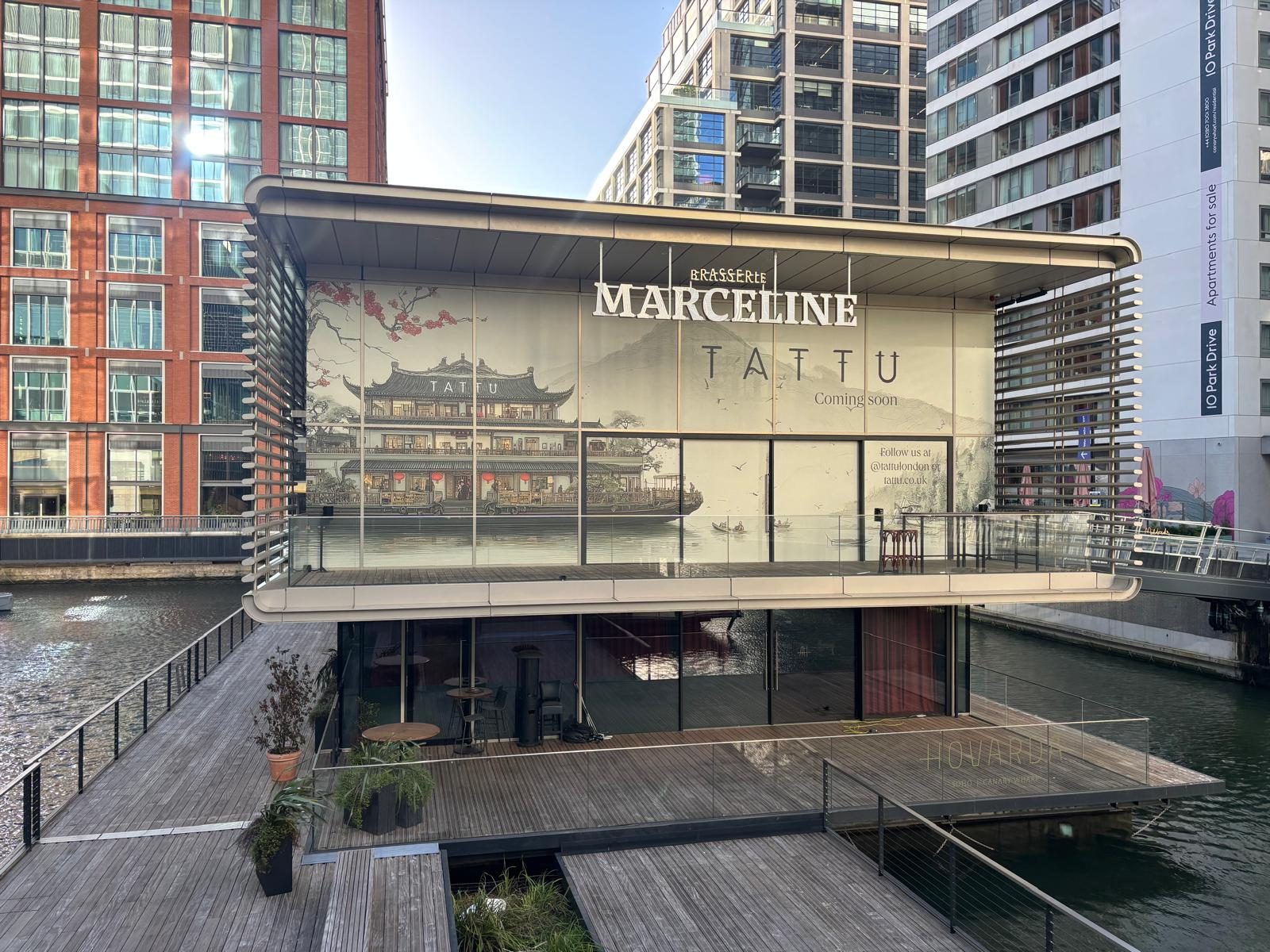 Printed glazing graphics on a floating restaurant at Canary Wharf