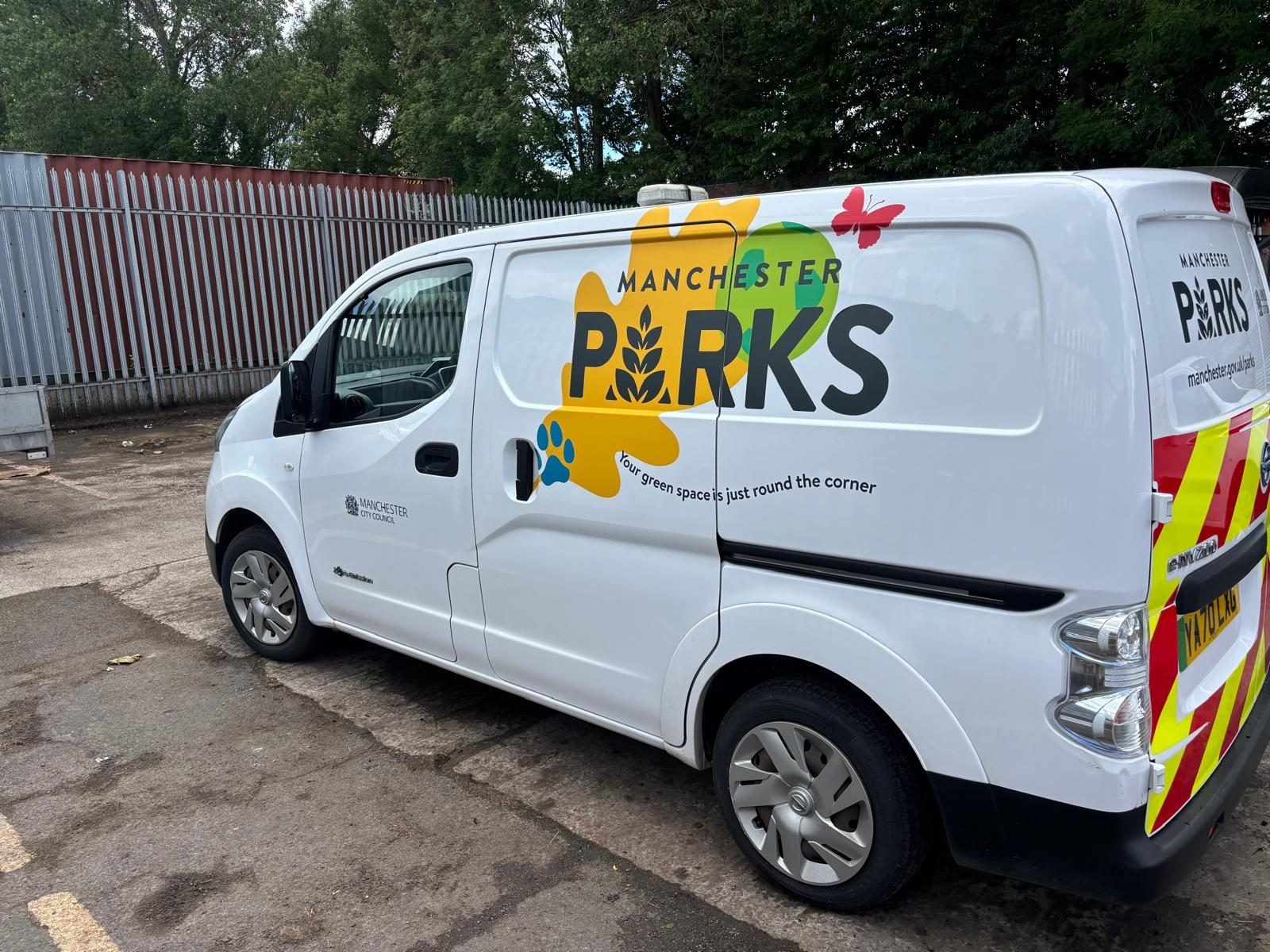 Printed vinyl livery on an electric van for Manchester Parks