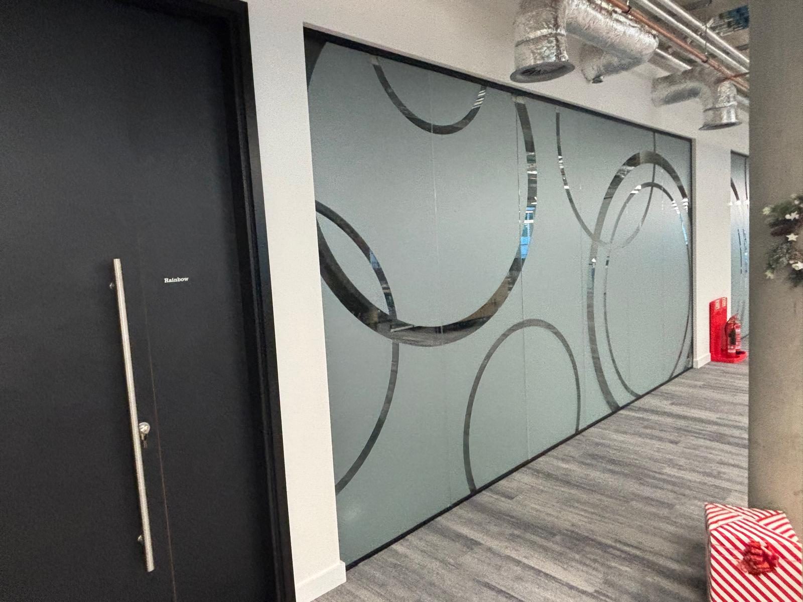 Frosted decorative manifestation on an office glass partition