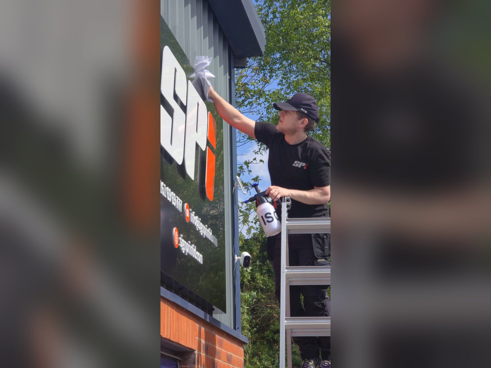 SPI engineer cleaning and maintaining a building sign